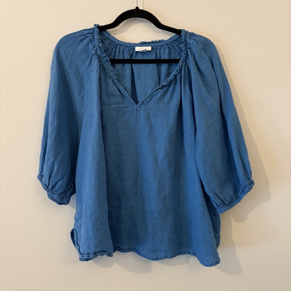 J Jill Love Linen 3/4 Sleeve Blouse Blue L Petite Minimalist Lagenlook Preppy